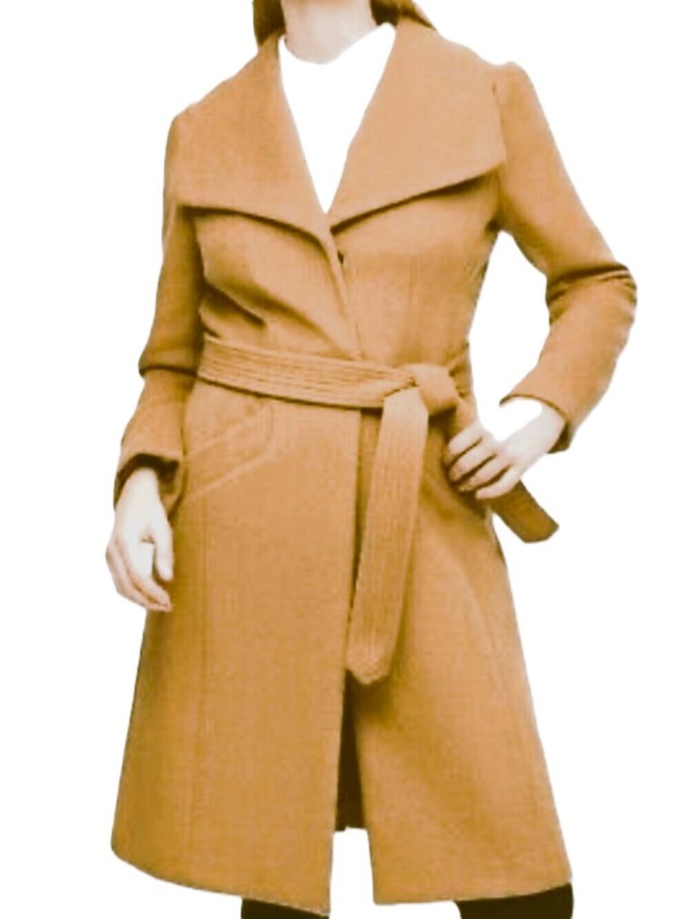 Karl Lagerfeld Paris Designer Wool Blend Camel Color Belted Coat XL
